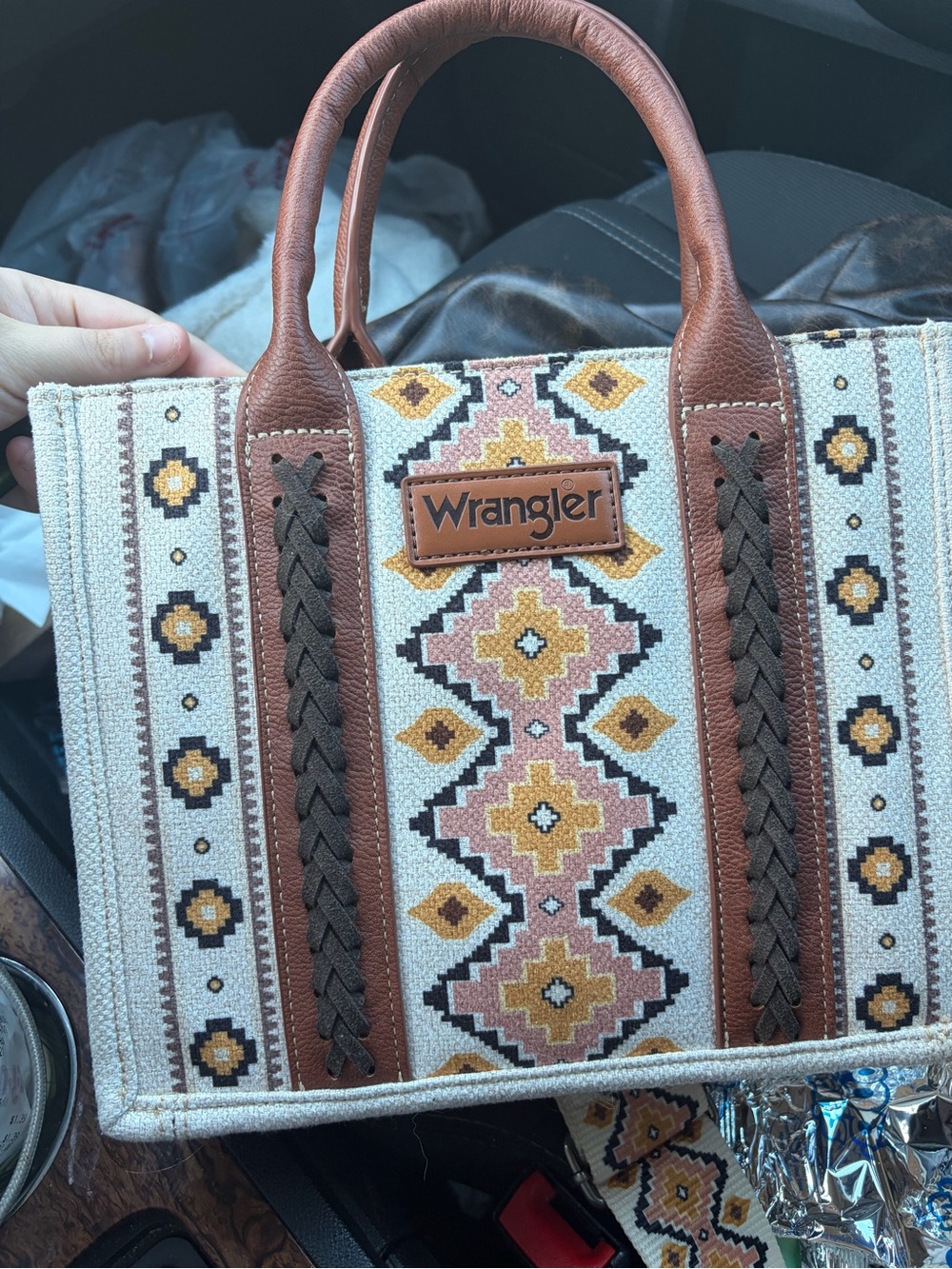 Wrangler Canvas Tote in Cream, Brown & Pink Southwestern Motif